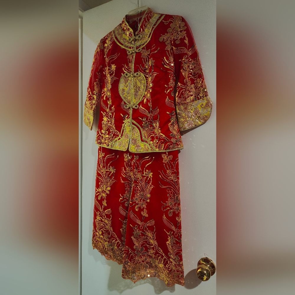 Red and Gold Embroidered Traditional Outfit Cheongsam